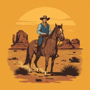 Cowboy riding in the desert with and mountains
