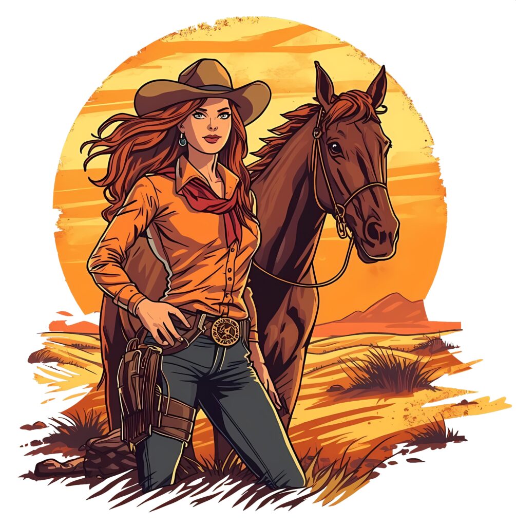 Cowgirl in orange shirt with bandana and blue jeans