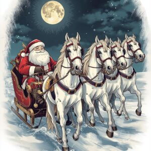 Santa with four horses on snow and moon - Graphic T-shirt Design