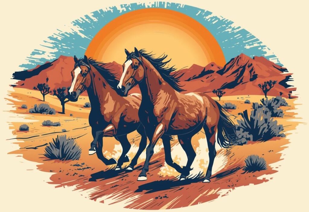 Two Horses Running In The Desert With Hills And Joshua Trees Blue Sky And Sun 1024x703