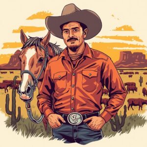 cowboy with tan shirt and horse in the desert with cattle, cactus, mountains and sunlit sky